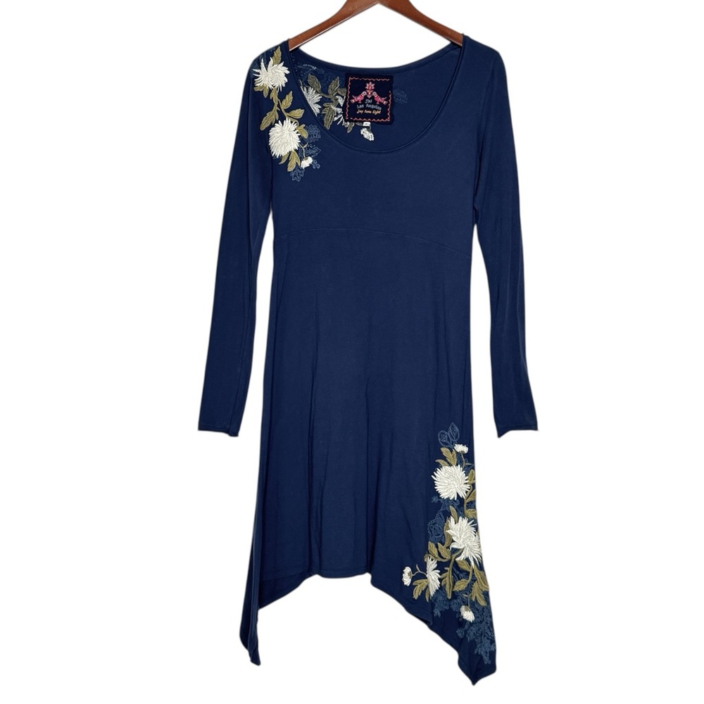 Johnny Was Floral Embroidered Dress Asymmetrical Hem Navy Blue Fairy SZ Small